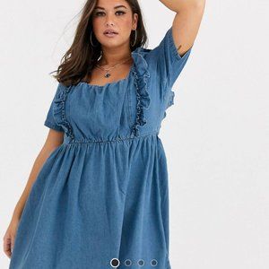 ASOS DESIGN Curve denim square neck frill smock dress in blue